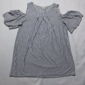 MAX STUDIO womens COLD SHOULDER striped NAVY BLUE cream SHIRT top SOFT size S